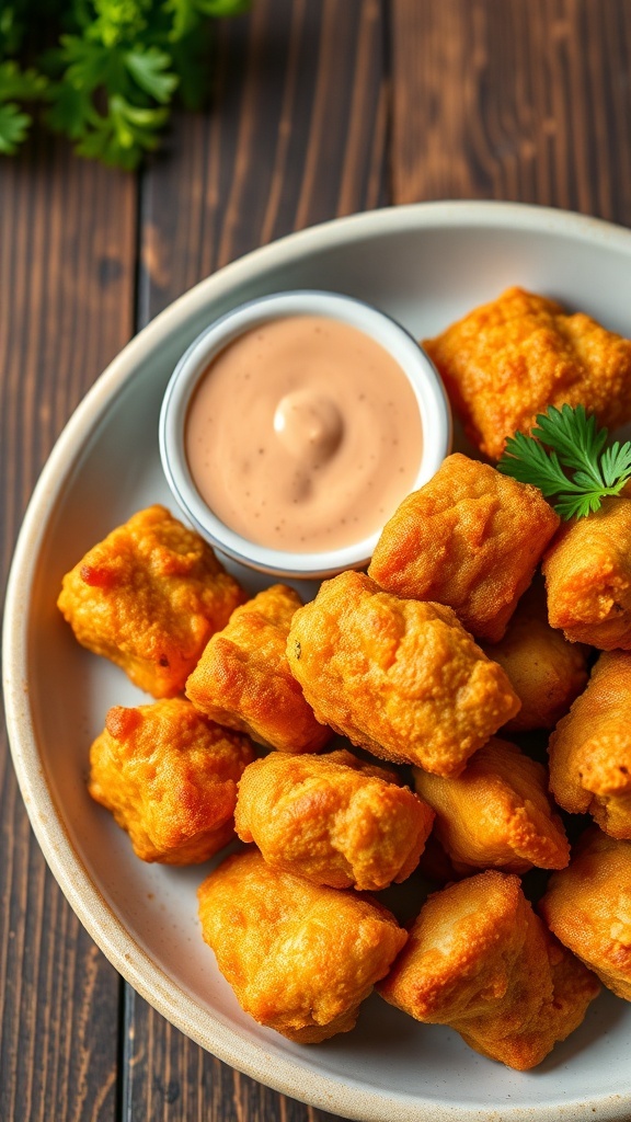 Crispy Chicken Nuggets Recipe A plate of crispy chicken nuggets with dipping sauce and parsley on a wooden table.